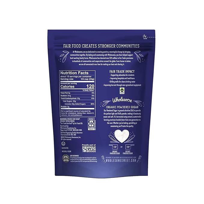 Wholesome Sweeteners 16-Ounce Organic Powdered Confectioners Sugar, Fair Trade, Non GMO, Gluten Free & Vegan, 1 Pack