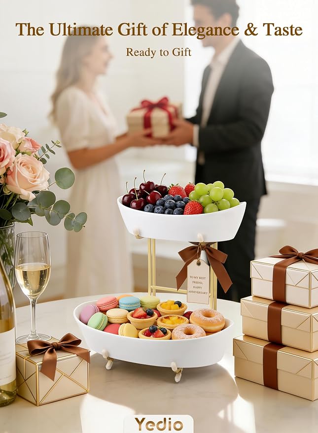 2 Tier Ceramic Fruit Bowl for Kitchen Counter, Elegant Gold Fruit Basket for Countertop, Small & Cute White Porcelain Tiered Serving Tray for Party, Modern Centerpiece for Snack, Candy & Nut