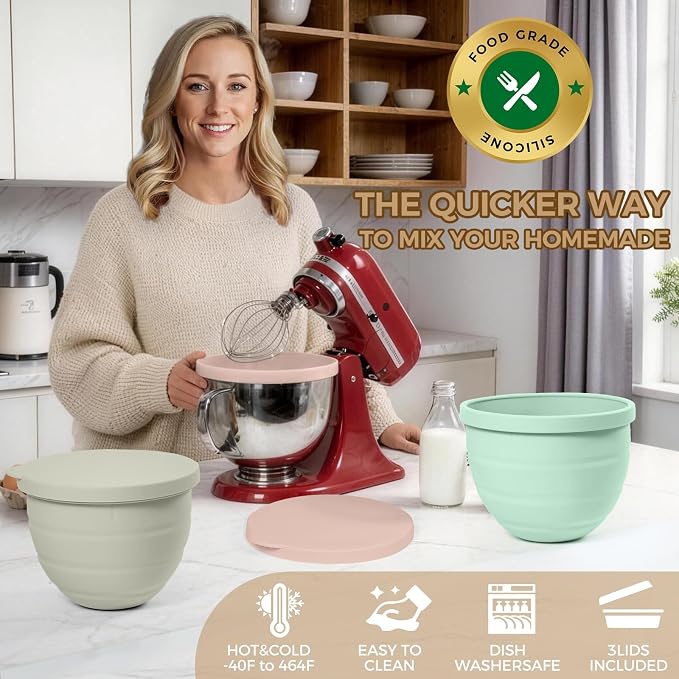 Forenee Collapsible Silicone Bowl Liners for KitchenAid 4.5 Qt Mixer,3 pack | Silicone Inserts with Lids for Dough, Batter, Baking, Mixing and Easy Storage, Dishwasher Safe, Microwave & Freezer Safe