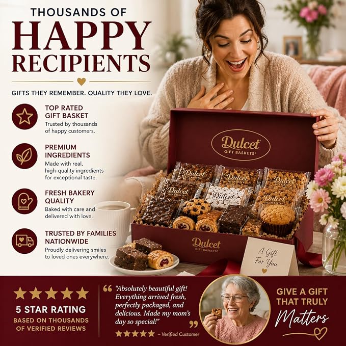 Dulcet Gift Basket – Premium Fresh Gourmet Baked Goods Gift Box for All Occasions – Assorted Brownies, Crumb Cakes, Rugelach & Muffins – Elegant Bakery Dessert Box