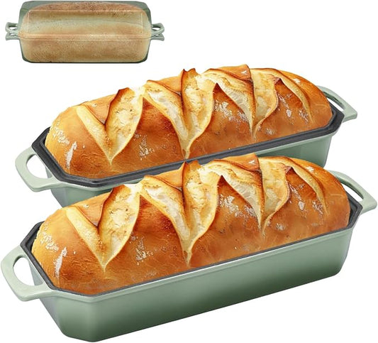 Flavehc Bread Pan Cast Iron Loaf Pan with Lid Bread Loaf Pan 13x5 Inch Enameled Cast Iron Sourdough Bread Pan,AquaGreen