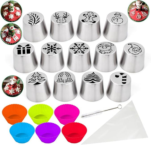 Christmas Russian icing Piping Tips Set-30pcs Cake Decorating Kit with 13 extra large nozzles,10 Pastry Bags, 6 Silicone Baking Cups,1 Cleaning Brush, Perfect for Cupcakes, Cakes, Holiday Baking Gifts