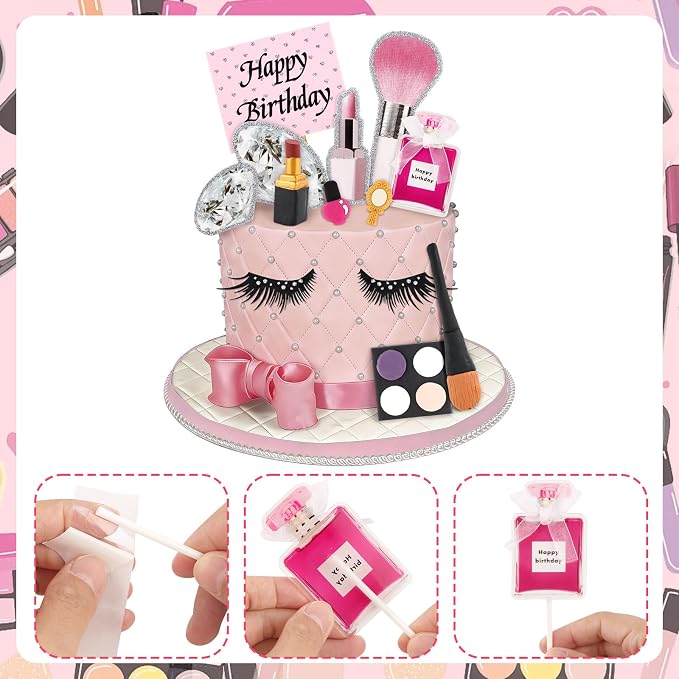 12PCS Makeup Cake Topper Makeup Cake Decorations with Lipstick Eye Shadow Makeup Brush for Girl Women Salon Birthday Party Decor Spa Party Supplies Make up Themed Party Decor Bachelorette