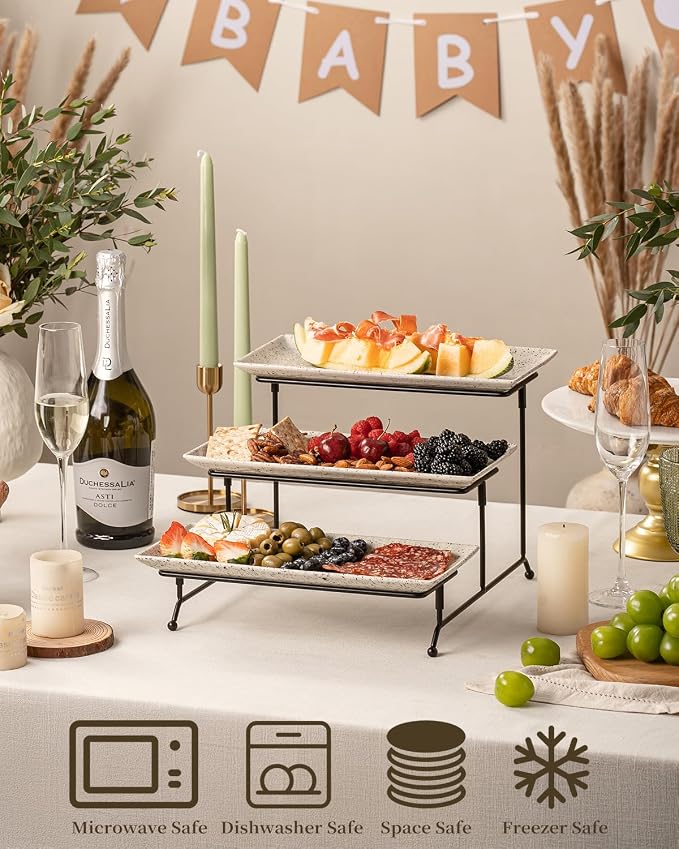 LAUCHUH 3 Tier Serving Tray, Porcelain Serving Platters and Trays for Party 12 Inch Tiered Tray Stand Cupcake Stand with Collapsible Sturdier Rack for Father's Day Serving Food, Speckled Glaze