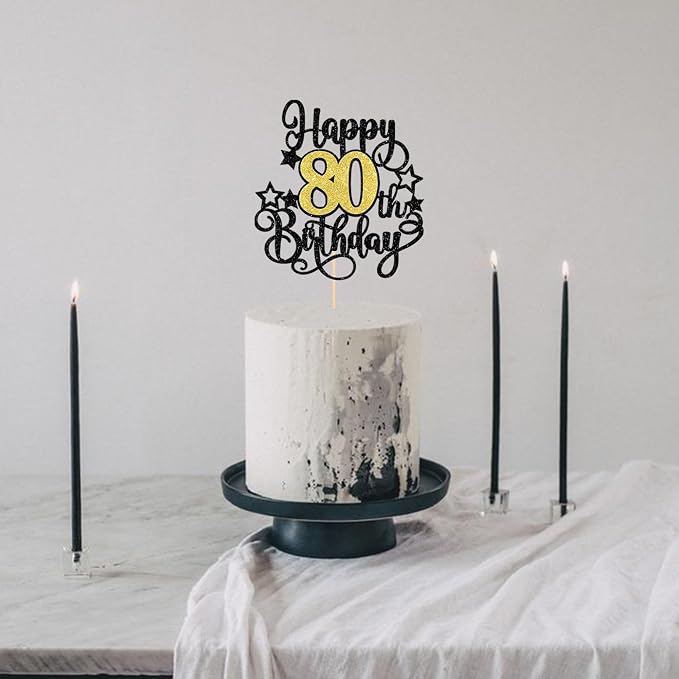 1 PCS Happy 80th Birthday Cake Topper Black Gold Glitter Cheers to 80 Years Birthday Cake Pick Hello 80 Fabulous Cake Decoration for Happy 80th Birthday Anniversary Party Decorations Supplies