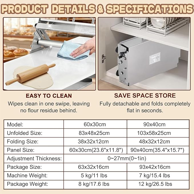 Dough Press Machine, Folding Manual Stainless Steel Dough Sheeter with 0-27mm Adjustable Thickness, Sheeter Board for Pizza, Croissant, Puff Pastry Dough, Home & Commercial Use