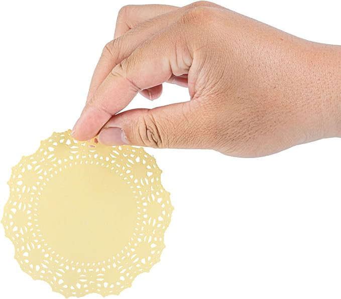 Pastry Tek 4 x 4 Inch Paper Lace Doilies, 100 Disposable Table Doilies - Elegant Lace Finish, Long Lasting, Yellow Paper Doily, for Pastries, Cupcakes, Desserts - Restaurantware