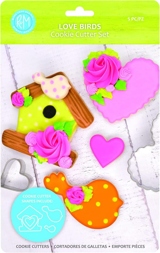 R&M International 5162 Love Birds Spring Heart, Birdhouse, and Bird Cookie Cutters 5-Piece Set