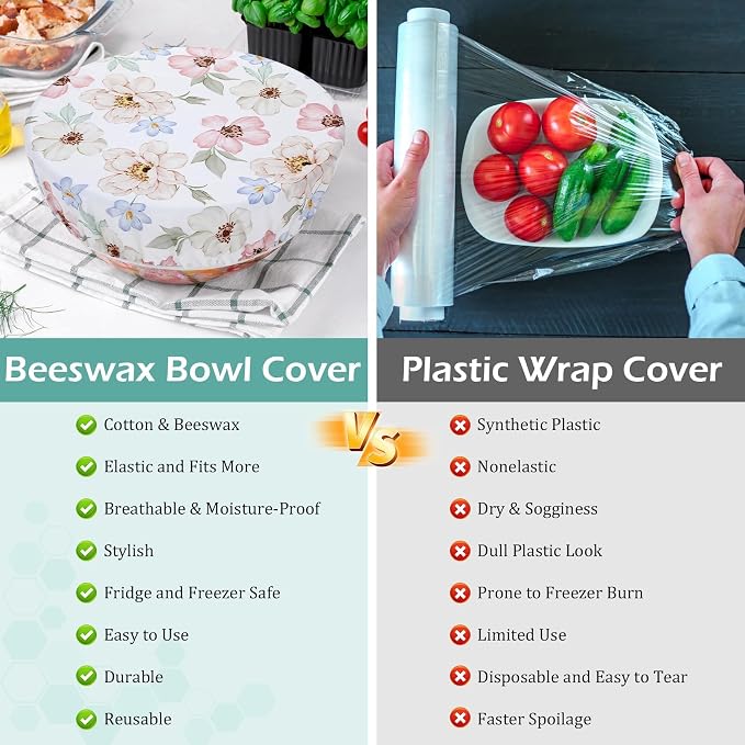 5-Size Reusable Beeswax Elastic Bowl Covers for Bread Proofing, Cotton Cloth Flexible Beeswax Wraps for Sourdough Cover and Food Storage Shower Caps for Sourdough Bread Supplies Tools