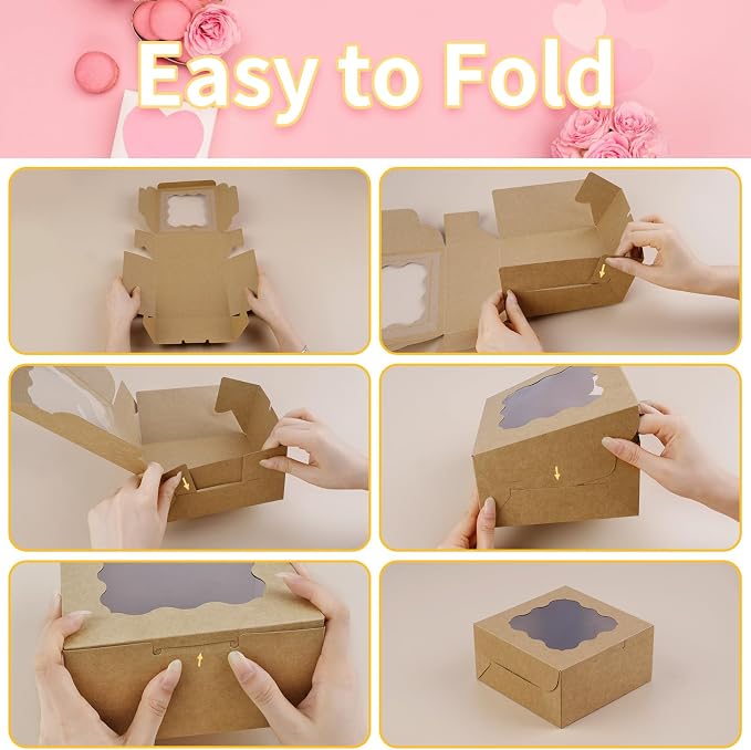 WINKIO 12 Pieces Cookie Boxes with Window, 6×6×3 Inches Treat Boxes for Bakery Dessert Pastry Mini Cake Favor Donut Baked Goods (brown, with Stickers)