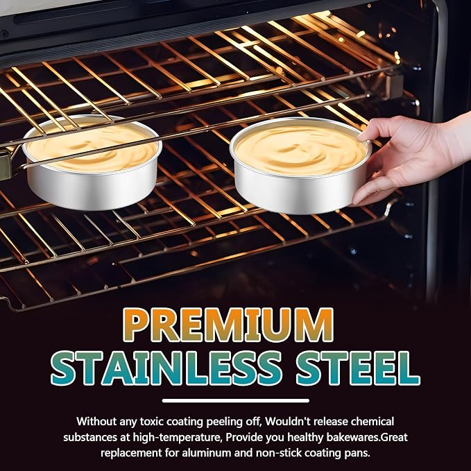 P&P CHEF 5 Inch Cake Pan Set of 4, Stainless Steel Baking Round Cake Pans Tins Bakeware for Birthday Wedding, Leak-proof & Easy Clean, Mirror Finish & Easy Releasing