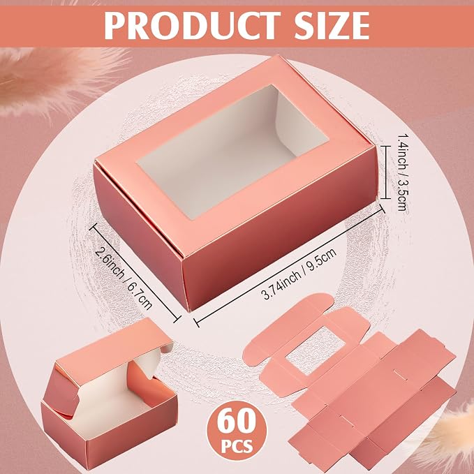 Zonon 60 Pcs Soap Boxes for Homemade Packaging, Mini Kraft Boxes with Window for Bakery Candy Soap Making Gift Packaging, 3.7x2.6x1.4 Inch (Rose Gold)