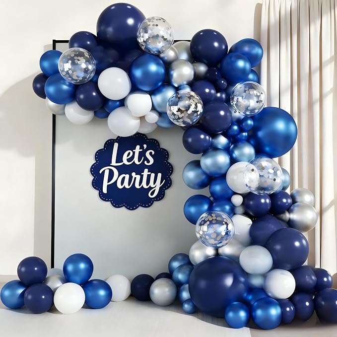 Blue White Silver Balloon Garland Arch Kit, 143 Pieces Navy Light Metallic Blue Silver White Confetti Balloons for Birthday Party Wedding Bridal Shower Graduation Decorations