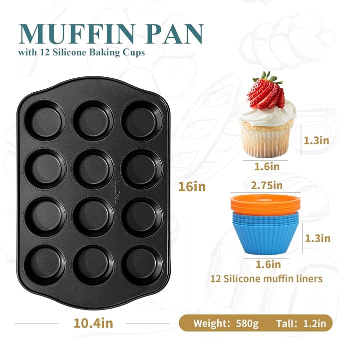 Nonstick Muffin Pan with 12 Silicone Baking Cups, Carbon Steel Muffin Tin for Muffins, Cupcakes, Egg Bites and more, Non Toxic, Easy to Clean, Dishwasher Safe, Foggy Gray