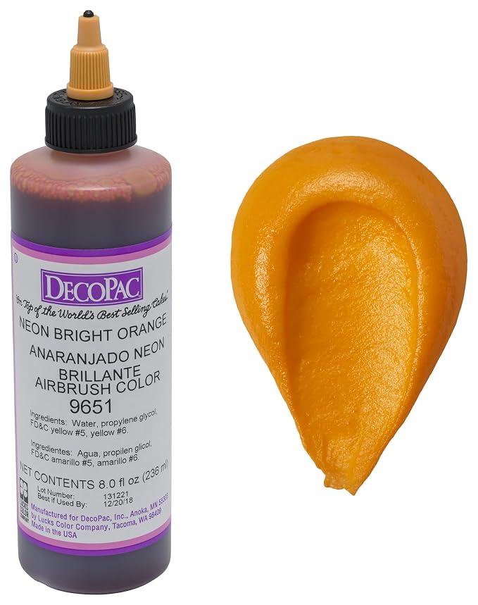 DecoPac Neon Bright Orange Airbrush Color, Orange Food Colouring, Food Safe, Orange, 8 oz