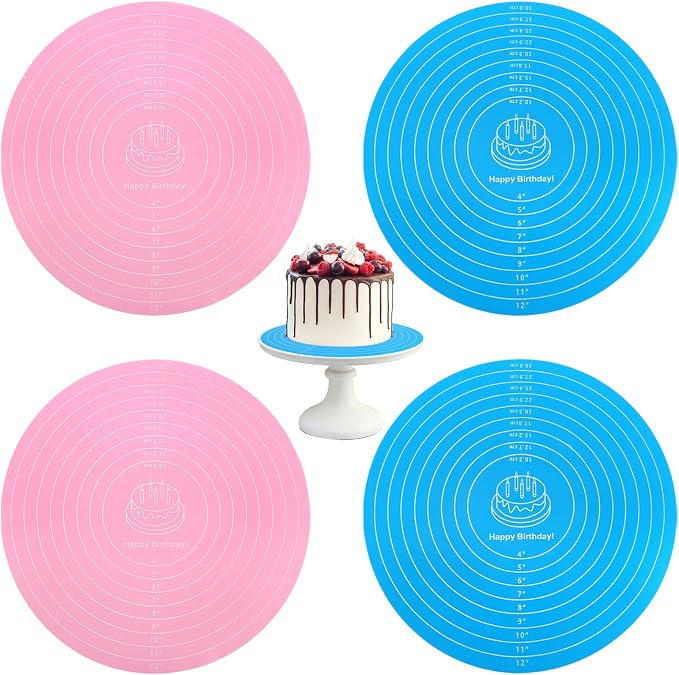 4 Pcs Silicone Baking Mat, 12 Inch Round Silicone Cake Mat, Non-Stick Heat Resistant Reusable Cookie Mat with Measurements for Baking Pizza Pan Rolling Dough Pastry