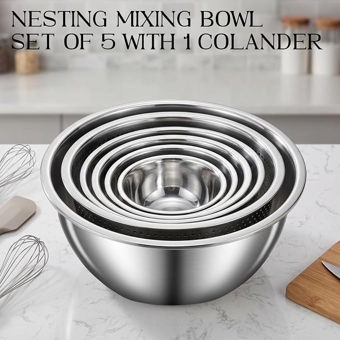 DUTZUN Stainless Steel Mixing Bowls with Colander for Baking, Prep, Cooking | Kitchen Appliances - Metal Mixing Bowl Set of 5 (4, 2.2, 1.6, 1.2 & 0.8 QT) plus 3 QT Strainer