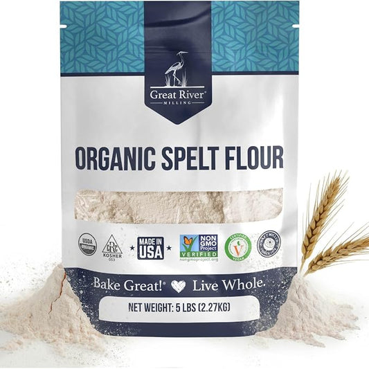 Great River Milling Organic Spelt Flour | Whole Grain Ancient Wheat Flour | USDA Organic, Non-GMO, Kosher | High Fiber, Mild Flavor | Ideal for Baking Breads, Muffins, Cookies & More | 5 Lb