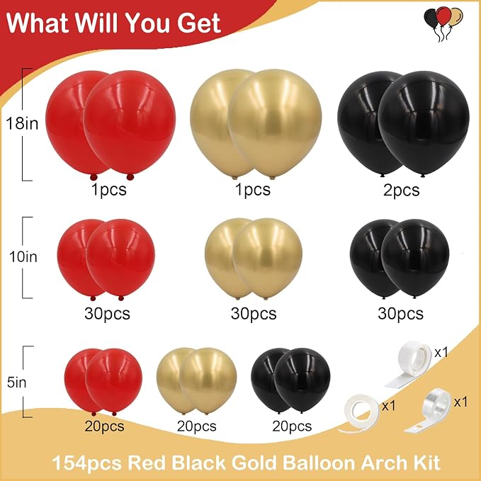 Red Black Gold Balloons Arch Kit 154pcs Different Sizes Latex Balloons for Casino Theme Party Wedding Backdrop New Year Birthday Graduation Hollywood Party Decorations
