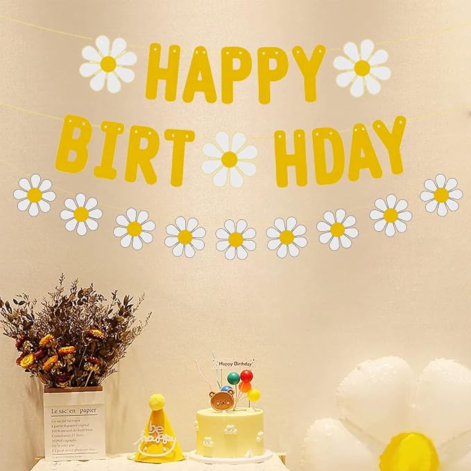 Zwiebeco Yellow Daisy Flower Happy Birthday Party Decoration Sign Banner Bunting Garland Hanging Paper Kit for Kids Adults Groovy Hippie Theme Accessories Supplies
