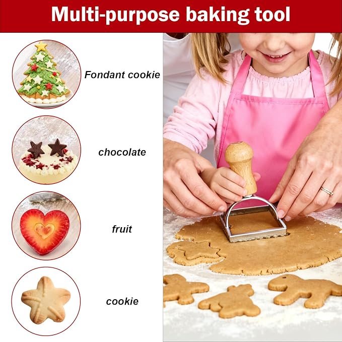 Christmas Cookie Cutter Roller Set of 5 – Biscuit Molds with Oak Wooden Handles, Includes Round/Heart/Square Rolling Pastry Cutter for Baking Holiday Cookies & Biscuits