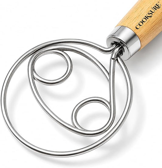 Danish Dough Whisk for Sourdough Bread – 13 Inch Bread Whisk with Wooden Handle – 304 Stainless Steel Hook for Heavy Dough Baking, Swedish Dough Whisk Tool
