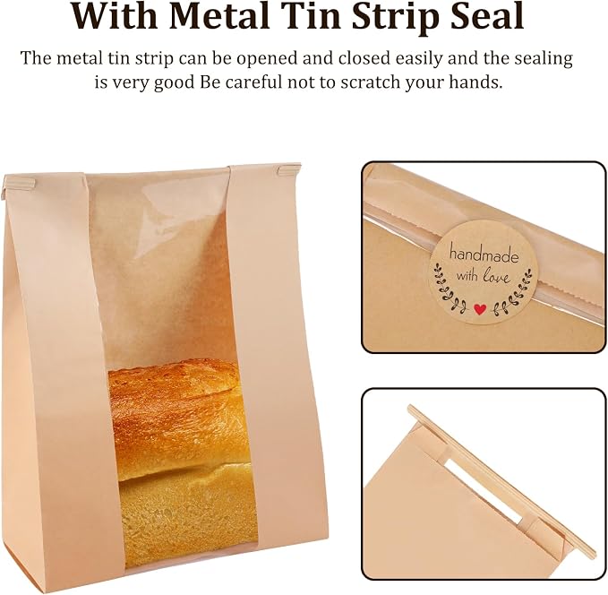 50 Pcs Bread Bags with Window Bread Bags for Homemade Bread Sourdough with Metal Tin Strip and Cute Seal Stickers Bakery Food Packaging Storage Cookie Bag Bread Gift Giving（14 x 8.3 x 3.3 In）