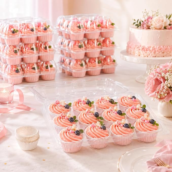 Cupcake Containers Holder - 12 Counts x 16 Sets Stackable Cupcake Boxes Carrier with 200 Pack Liners, Plastic Disposable Clear Cupcake Storage Tray with Detachable Dome Lid for Mini Individual Cake