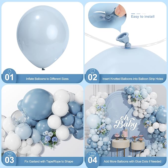 Dusty Blue Balloon Garland Arch Kit 156 Pcs Different Sizes 18 12 10 5 Inch Light Blue and White Macaron Latex Balloon Arch Kit for Birthday Baby Shower Gender Reveal Wedding Bridal Decorations
