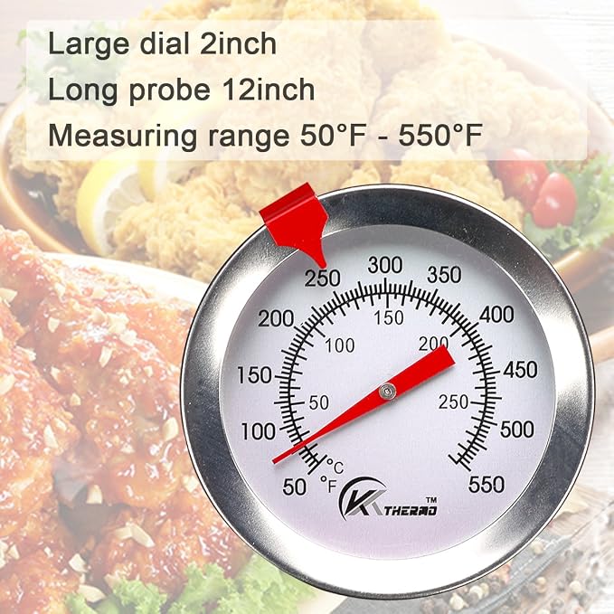 KT THERMO Candy/Deep Fry Thermometer with Instant Read,Dial Thermometer,12" Stainless Steel Stem Meat Cooking Thermometer,Best for Turkey,BBQ,Grill,Analog display