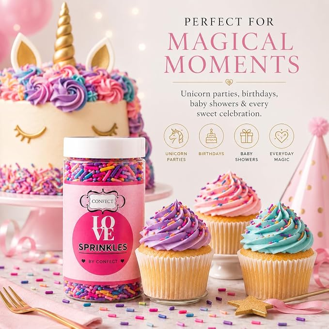 Confect Twinkle Toppings Rainbow Sprinkles – Custom Blend Multicolor Jimmies – Edible Toppings for Cake, Cupcake & Dessert Decorating – Vegan, Gluten-Free, Nut-Free, Soy-Free, Dairy-Free, Palm Oil-Free – 4.2 Oz