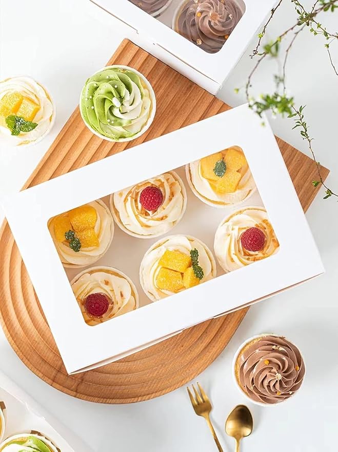 30 Pack Cupcake Boxes Bulk with Clear Display Window Hold 6 Standard Cupcakes, Disposable Food Grade White Cupcake Carrier Cupcake Container, Perfect for Cupcakes Muffins Cookies Pastries