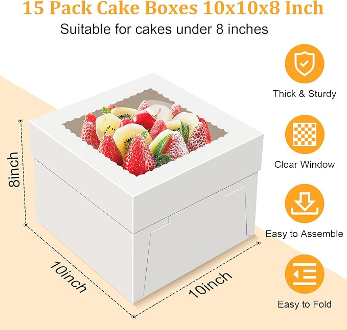 15 PCS Cake Boxes 10 Inch, 10x10x8 Tall Cake Box, 10 Inch Cake Box with Window, White Bakery Boxes, Large Baking Boxes, Cajas Para Pasteles, 10x10 Cake Boxes for Birthday, Wedding, Party, Business