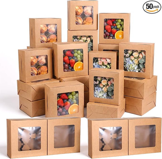 50 PCS Window Cupcake Boxes 4 Count, 6.3x6.3x3 Inch Muffin Boxes with Clear PET Lid & Paperboard, Disposable Bakery Containers for Pastries Cookies Desserts