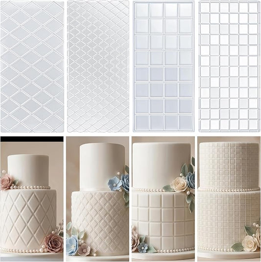 4 Pcs Fondant Impression Mat, Quilted Grid Texture Embossed Fondant Molds for Cupcake, Biscuits, Fondants Cake Decorating, Cake Decoration Tools for Wedding Cupcake Embossing (Clear)