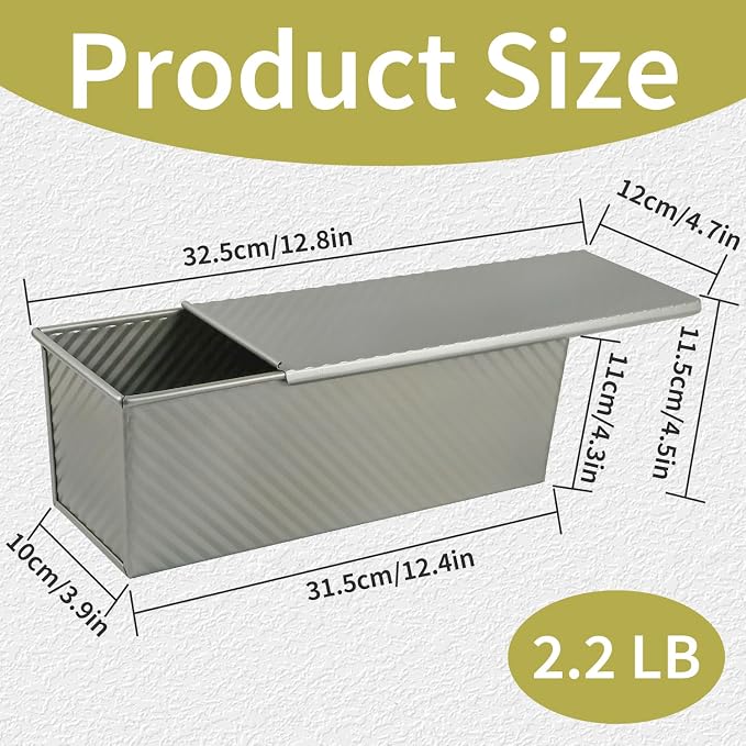 Large Loaf Pan with Lid, 2.2 LB Dough Capacity Loaf Pan, 13 x 5 Inch Baking Mold Non-Stick Bakeware Carbon Steel Bread Toast Mold with Cover for Baking Bread