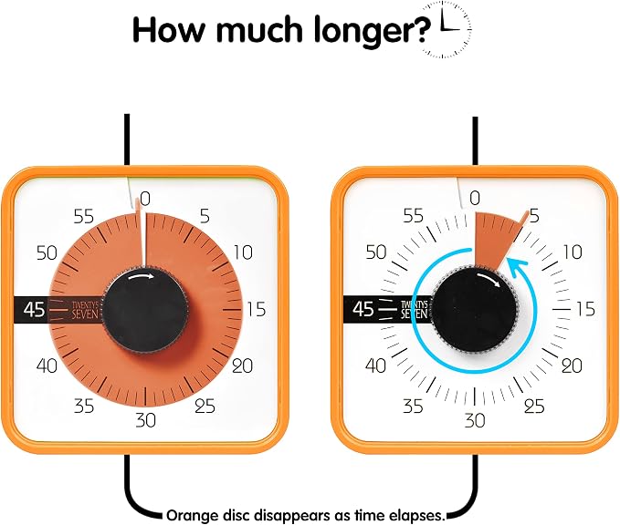 TWENTY5 SEVEN Countdown Timer 7.5 inch; 60 Minute 1 Hour Visual Timer – Classroom Teaching Tool Office Meeting, Mechanical Countdown Clock for Kids Exam Time Management Magnetic, Orange