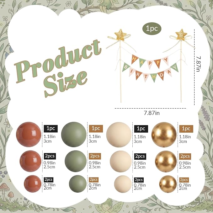 21 Pcs Happy Birthday Cake Topper Cake Bunting Topper Banner with Wood Pole Rainbow Garland with Bow Ribbon Balloon, Mini Cupcake Decor for Birthday Baby Shower (Brown,Gold,Green,Apricot)