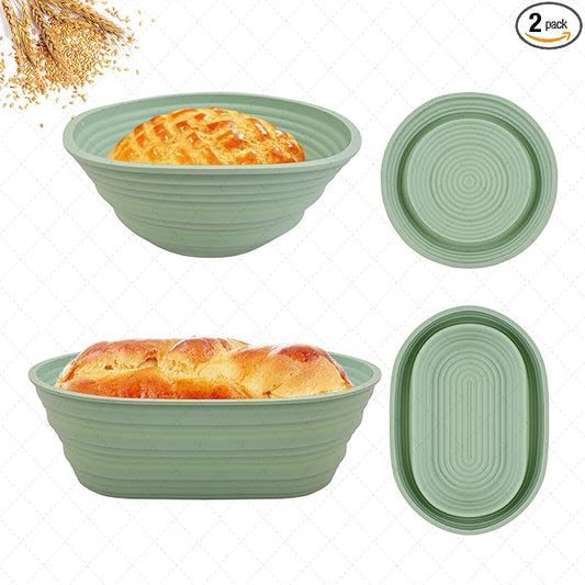 2Pcs Silicone Banneton Bread Proofing Baskets, 10" Oval & 9" Round Foldable Non-Stick Dough Proofing Bowl Containers-BPA Free, Optimum Sourdough Bread Baking Supplies (Green)