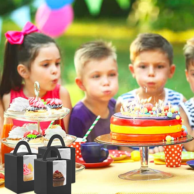 Cupcake Boxes, 30 Pcs Single Cupcake Boxes Individual Cupcake Containers Muffins Cupcake Carriers Holder Kraft Pastry Containers with Insert Window & Handle for Wedding Birthday Parties (Black-2)