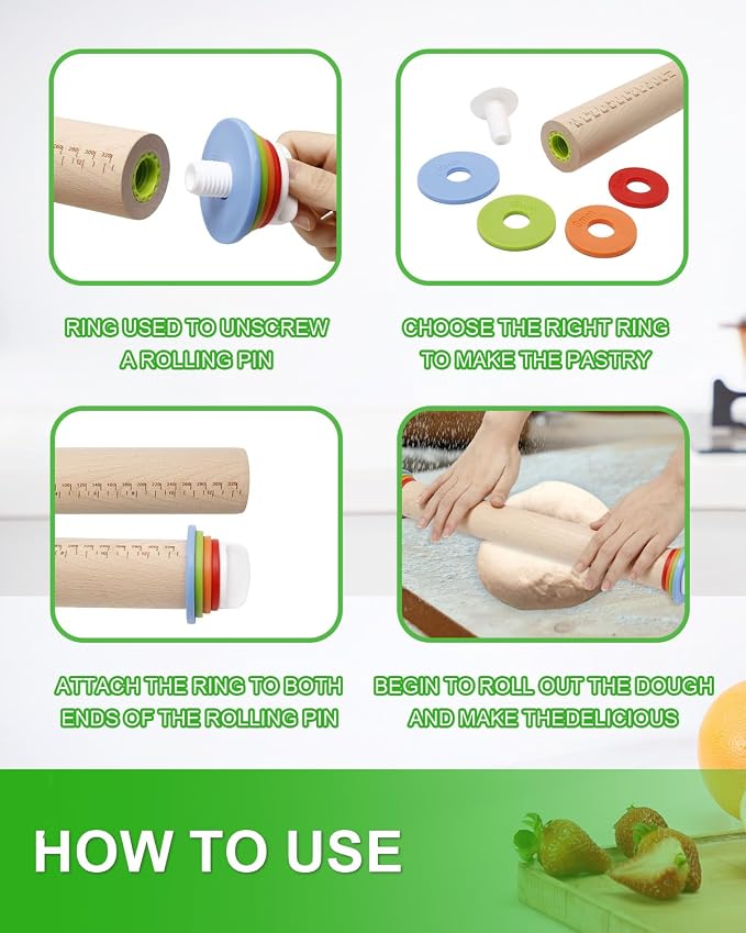 16.7" Wood Rolling Pin with Thickness Rings, Adjustable Wooden Rolling Pins for Cookie Pastry Tools, Dough Roller Pins with 1PCS Silicone Pastry Mat & 11PCS Stainless Steel Cookie Cutters