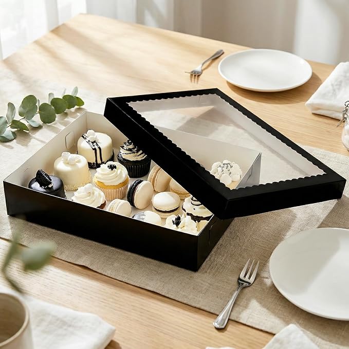 Sinload 10 Pcs 19x14x4 Inch Half Sheet Cake Boxes 5pcs Large Rectangle Bakery Boxes with 5pcs Cake Boards for Pastry Baking, Cupcakes, Donuts, Cookies, Pie Treat Packaging (Black)