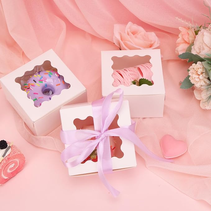 TOMNK 100pcs White Small Cake Boxes with Window, 4x4x2.5 Inch Small Cookie Boxes with Window, Bakery Boxes for Small Cake, Treats, Donuts, Candy