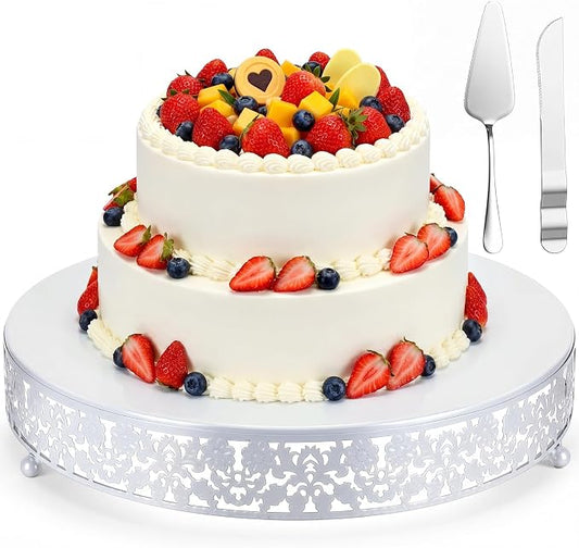 Wenqik 14 Inch White Cake Stand Set Metal Round Cupcake Dessert Stand with Cake Cutting, Flower Spatula Wedding Cupcake Pastry Display Candy Holder Display for Wedding Party Birthday Baby Shower