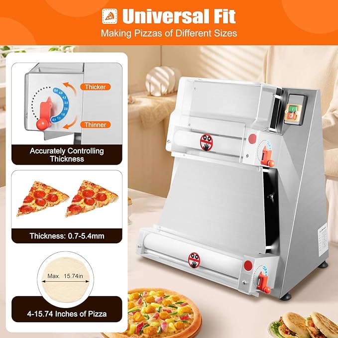 Commercial Electric Pizza Dough Roller Sheeter - 4"-16" Automatic Dough Press Machine, 370w 110v Stainless Steel Pastry Sheeter with Adjustable Thickness, for Pizza, Pasta, Bread & Noodle Making