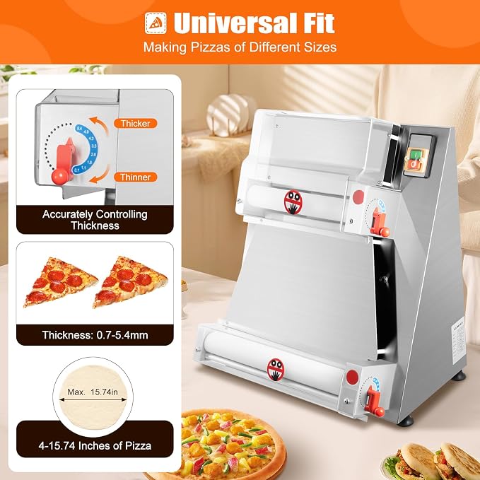 Bepritm Pizza Dough Roller Sheeter, 370W Stainless Steel Electric Pizza Press with Adjustable Thickness, 3-15" Commercial Making Rolling Machine for Pizza Shops, Restaurants (3-15in Pizza Size)