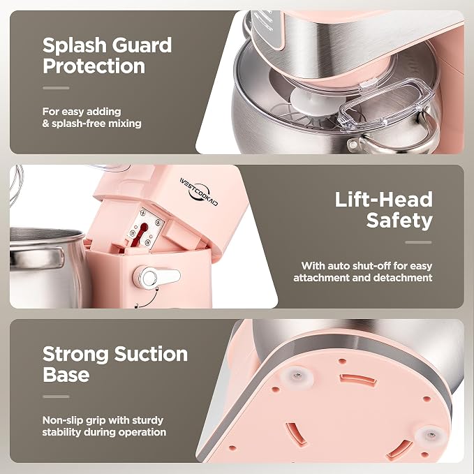 Stand Mixer, 6-Speed with Pulse Food Mixer Tilt-Head, 6.3-QT Large Mixer, WESTCOOKAID Kitchen Electric Mixer with Dough Hook, Wire Whip & Beater, Pink
