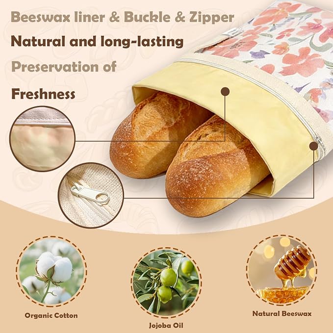 2 Pack Beeswax Bread Bags with Zipper Seal, Large 17''x13'' Reusable Bread Storage Bags with Natural Beeswax Liner, Cotton Cloth Sourdough Bags for Homemade Bread, Baking & Freezer Storage Keep Fresh