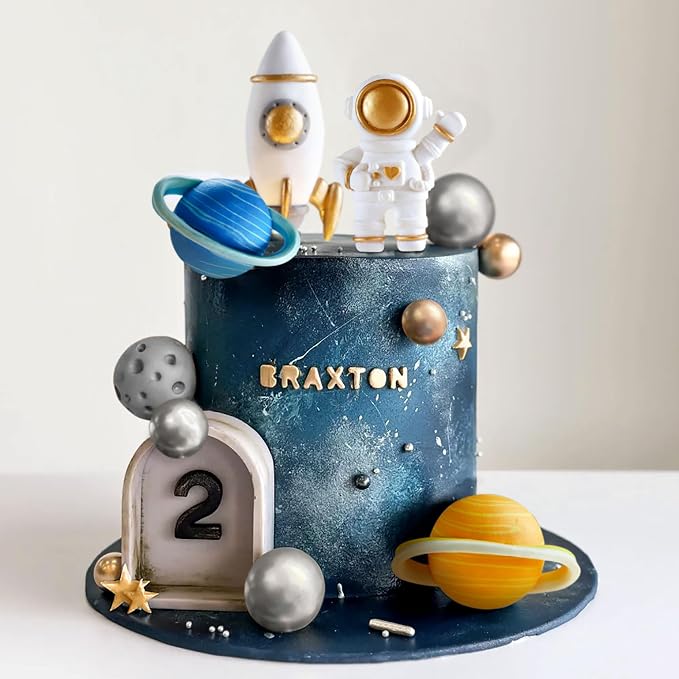 Space Cake Toppers Outer Space Cake Decorations,Astronaut Rocket Stars Cake Decorations for Two The Moon First Trip Around the Sun Birthday Baby Shower