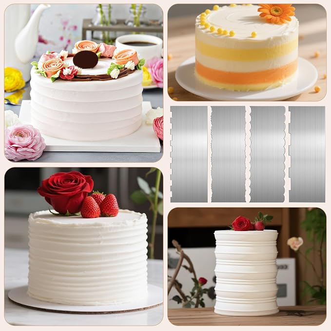 4 Pcs Stainless Steel Cake Scraper, 9 inch Cake Scraper Smoother, Double Sided Patterned Edge Stripe Edge Smoother Decorating for Mousse Butter Cream Dessert Decoration, 4 Styles